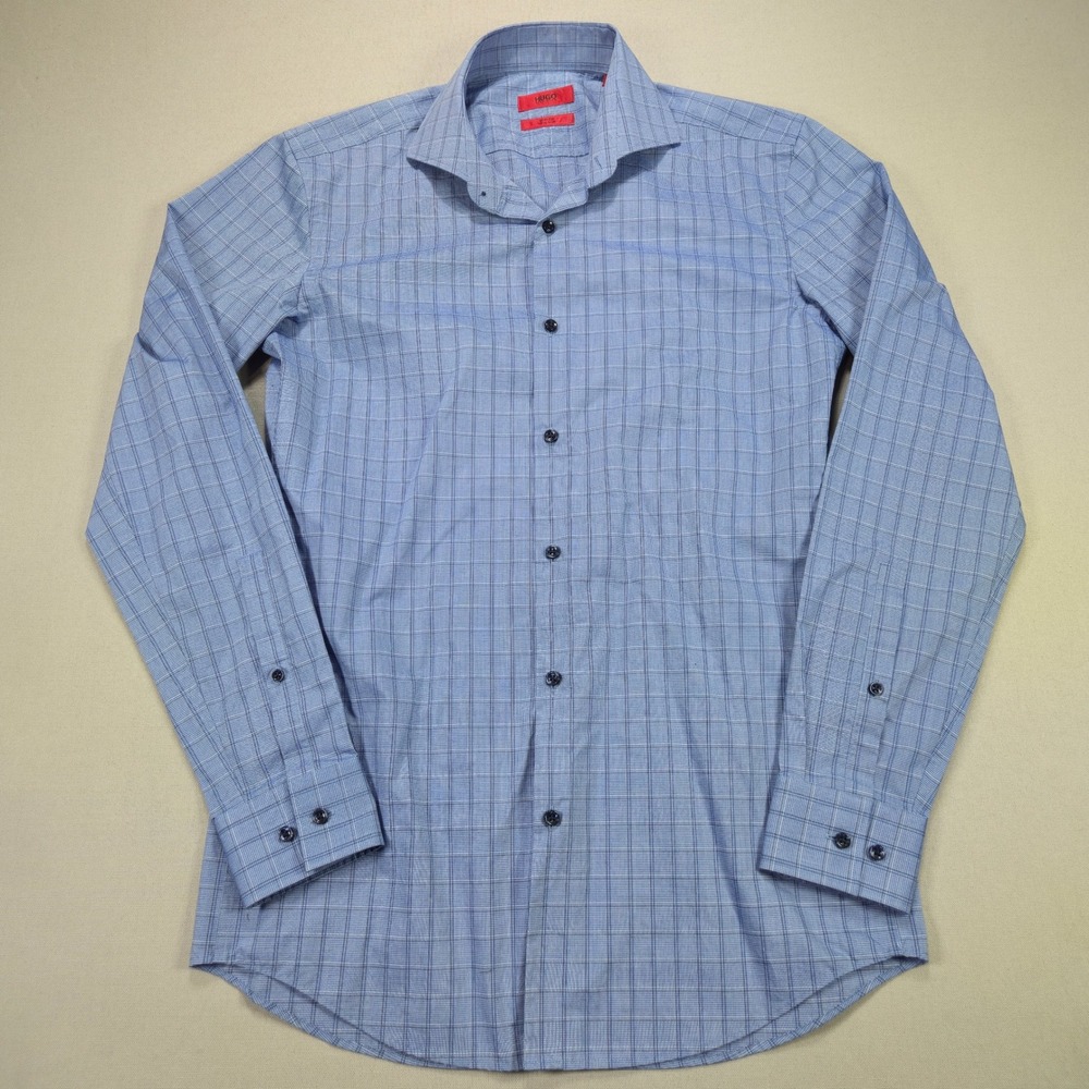 Hugo Boss Button Down Shirt Kason Slim Fit Easy Iron Plaid Blue Mens 15 38